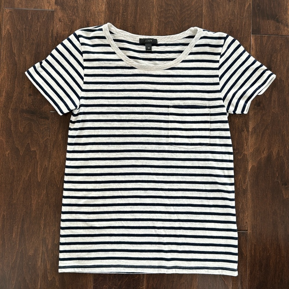 J. Crew short sleeve shirt. Navy and white stripe with pocket and silver collar.